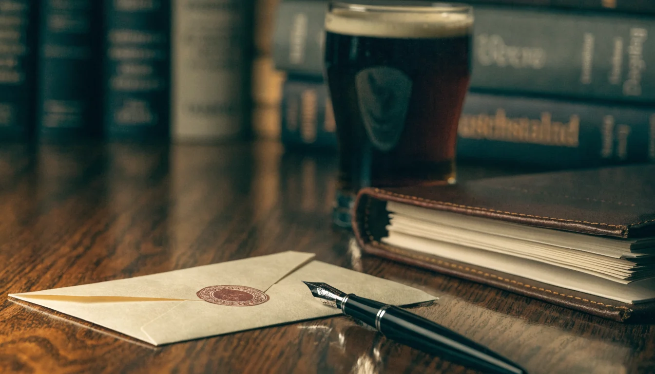 Offiziell wirkendes Dokument mit Stempel auf Holzschreibtisch