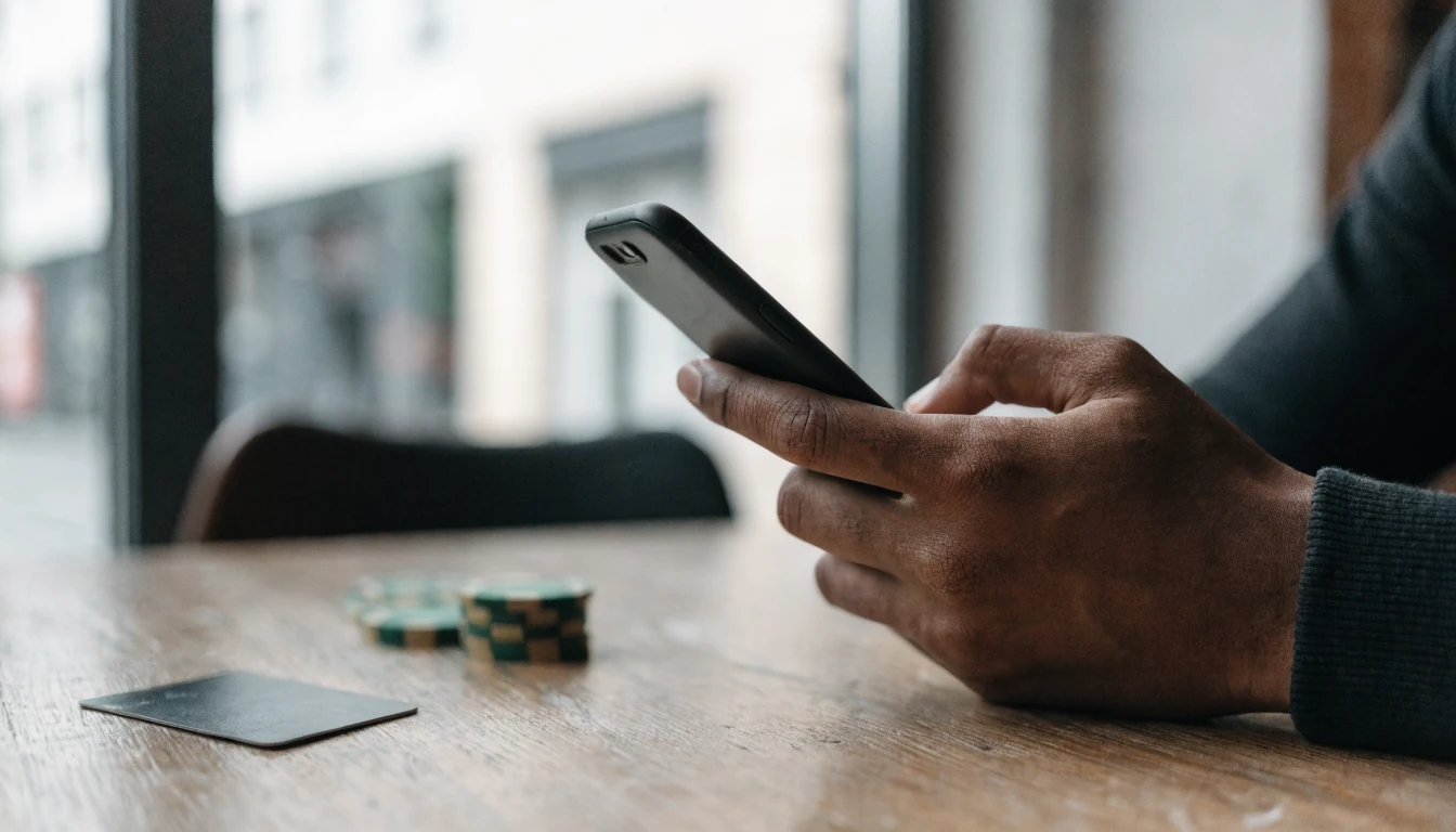 Smartphone mit kontaktloser Zahlung und Casino-Chips auf einem Tisch