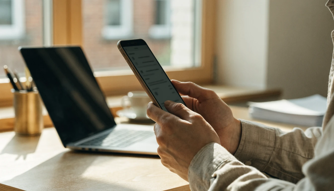 Hände mit Smartphone und Laptop bei Online-Zahlung über E-Wallet
