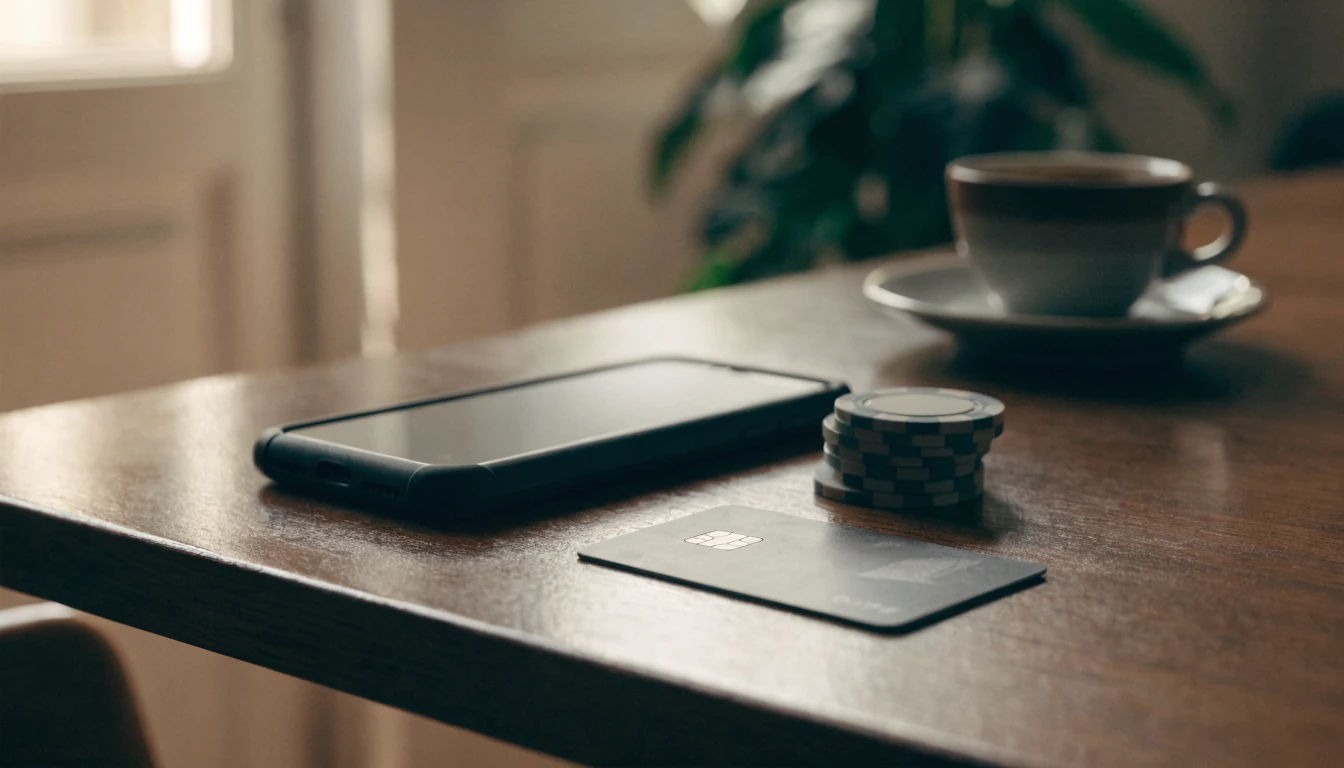 Smartphone mit abgewandtem Bildschirm, Bankkarte und Casino-Chips auf einem Holztisch
