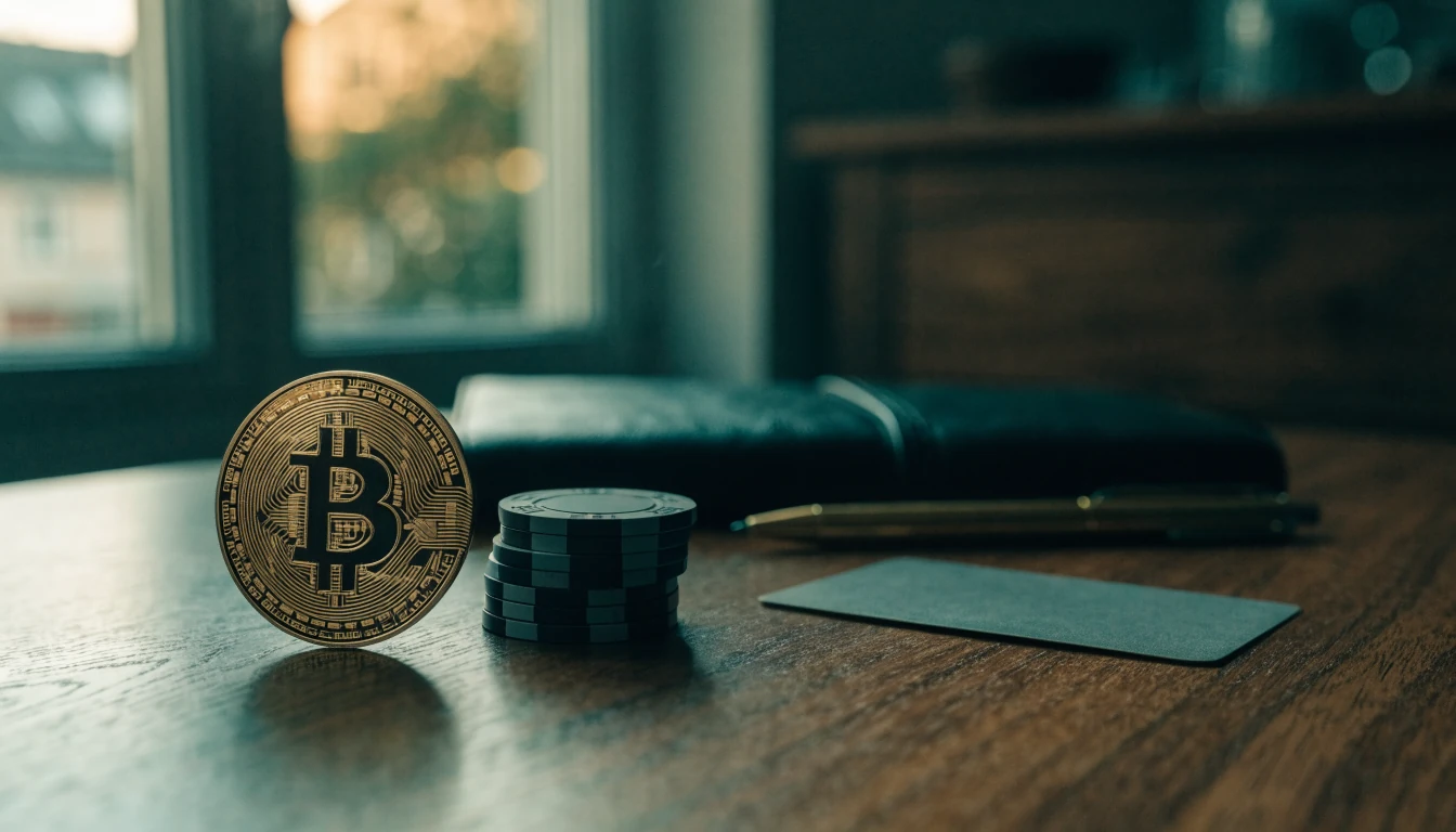 Bitcoin-Münze, Casino-Jetons und eine verdeckte Spielkarte auf einem Schreibtisch