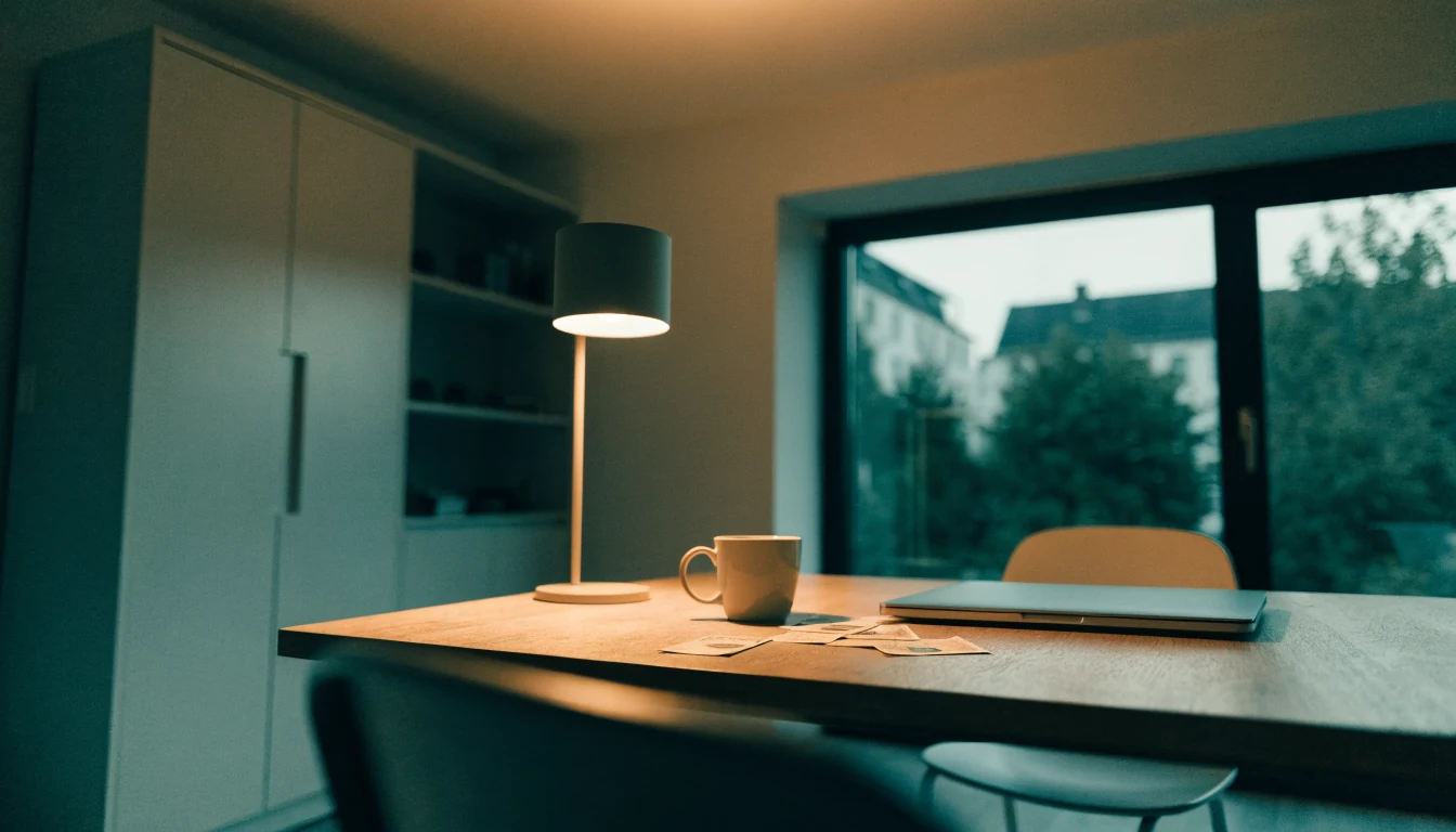 Abendlicher Schreibtisch mit Laptop, Kaffeetasse und Euro-Scheinen