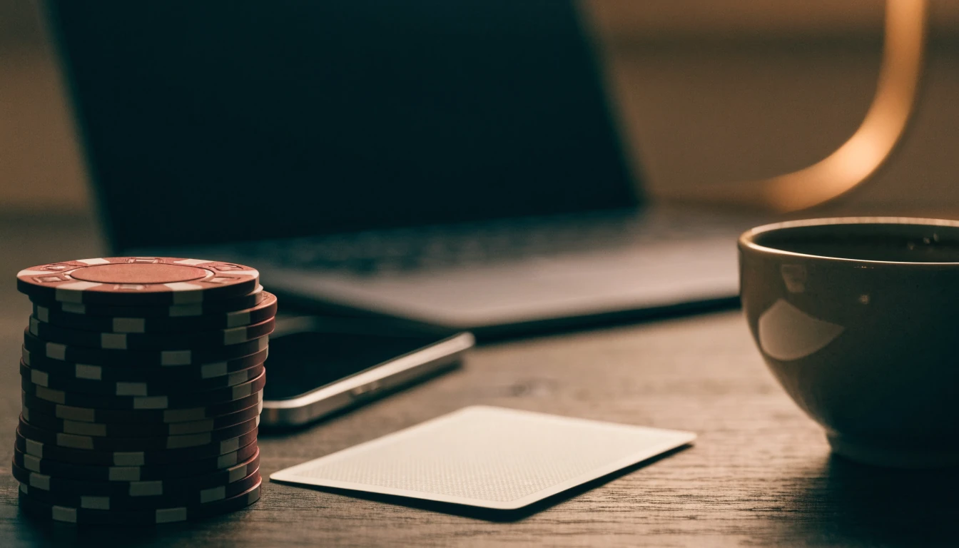Casino-Chips, verdeckte Karte und zugeklappter Laptop auf einem Schreibtisch