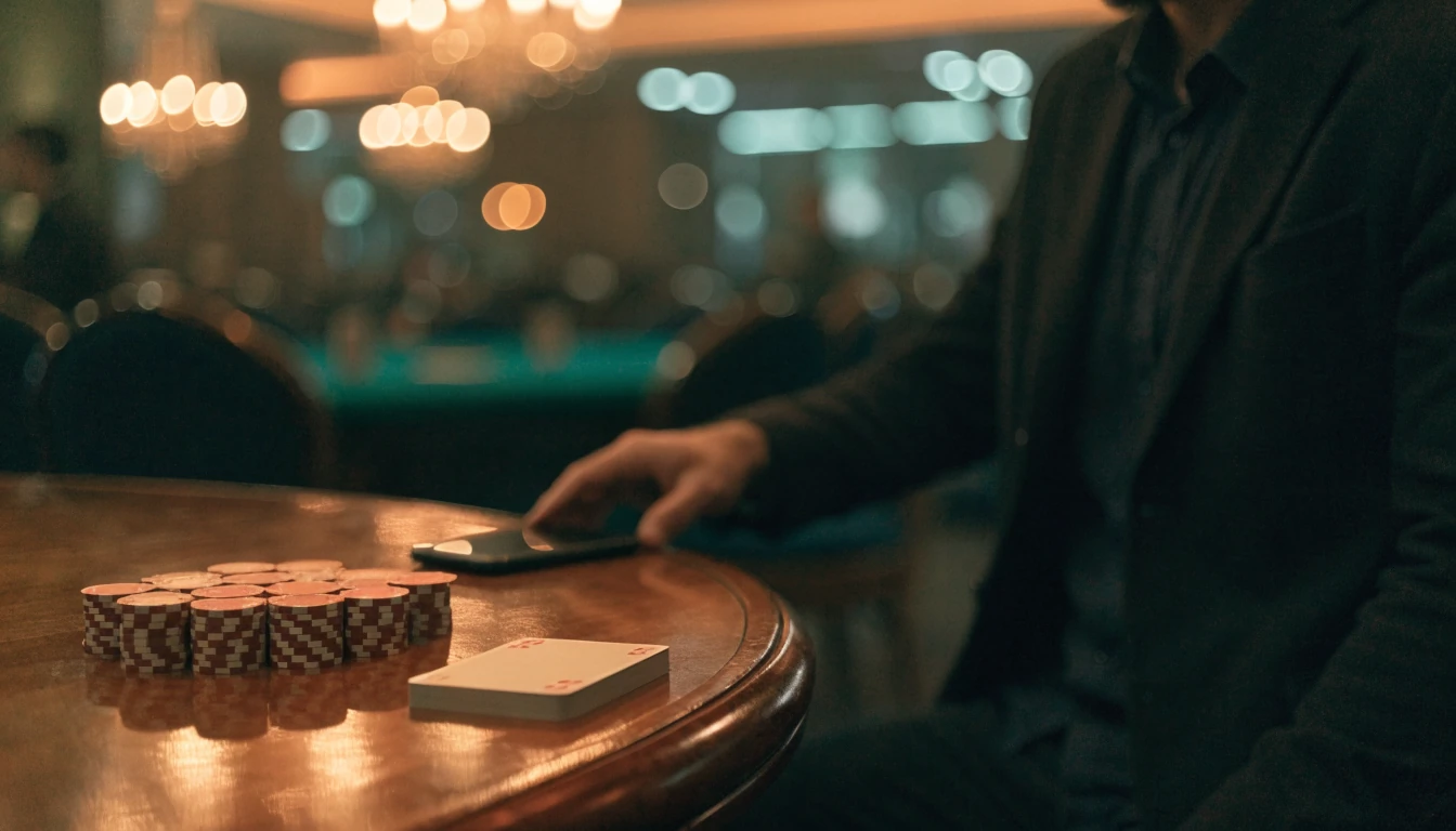 Stilvolle Casino-Lounge mit Chipstapel und verdecktem Smartphone