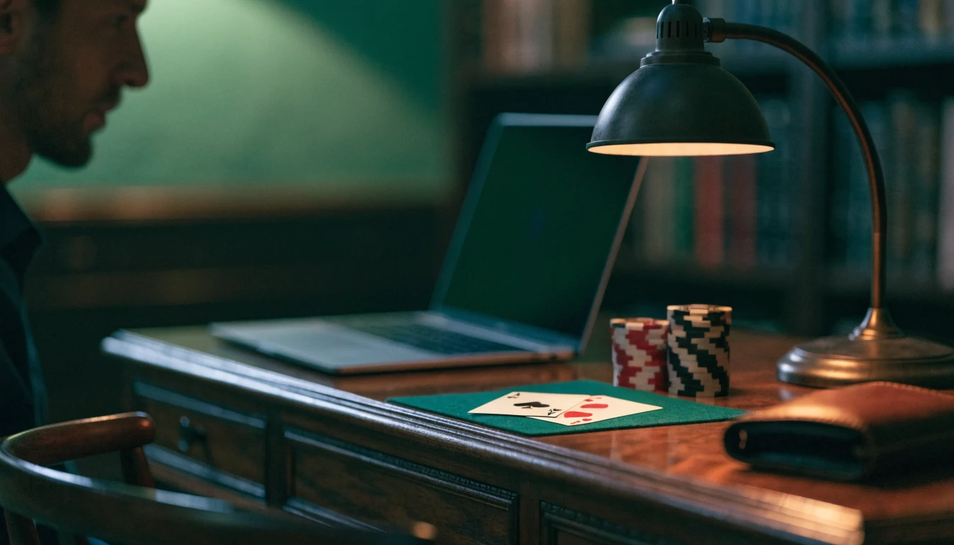 Casino-Chips und Spielkarten auf grünem Filz neben einem Laptop auf dunklem Schreibtisch