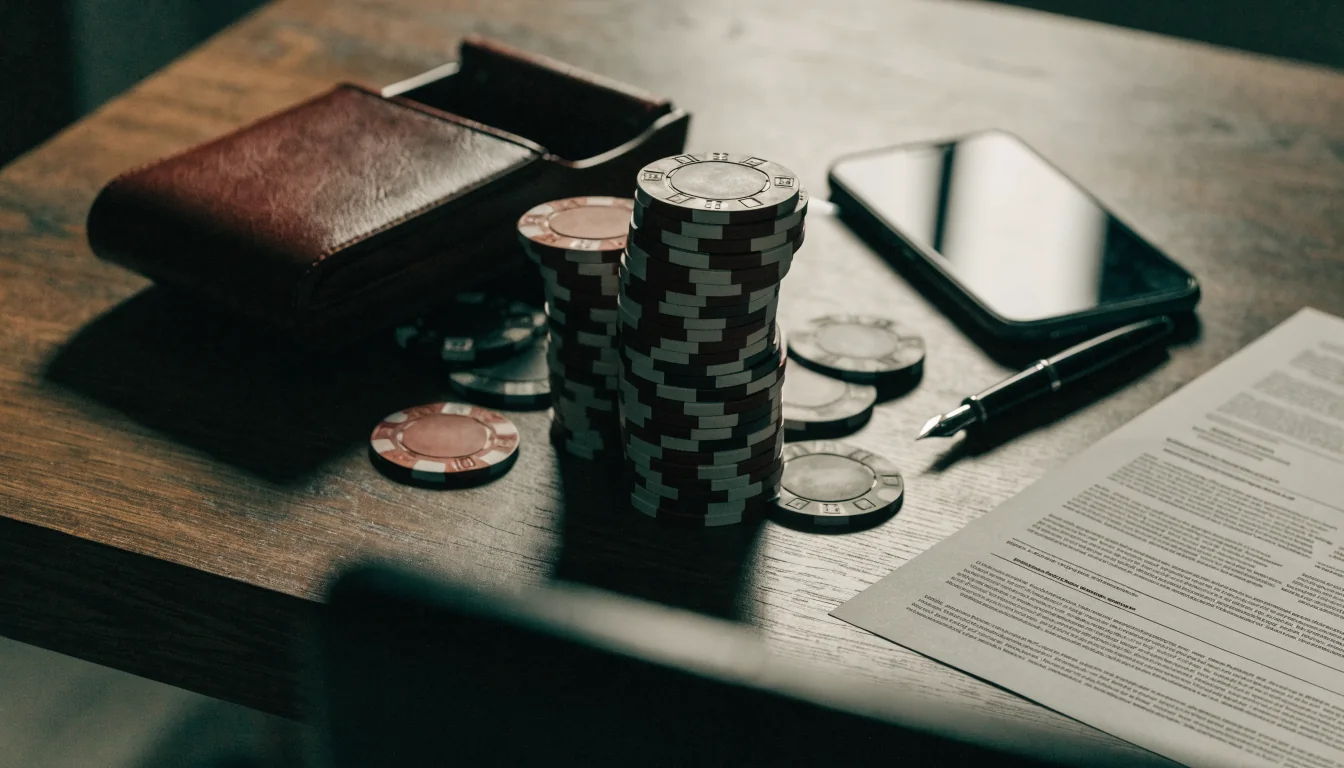 Stapel Casino-Chips auf einem Holztisch mit zugeklapptem Handy und Vertrag