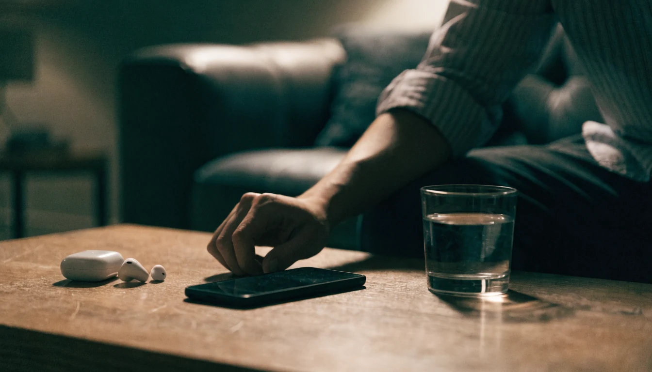 Smartphone mit zugeklapptem Bildschirm auf einem Couchtisch bei gedämpftem Licht
