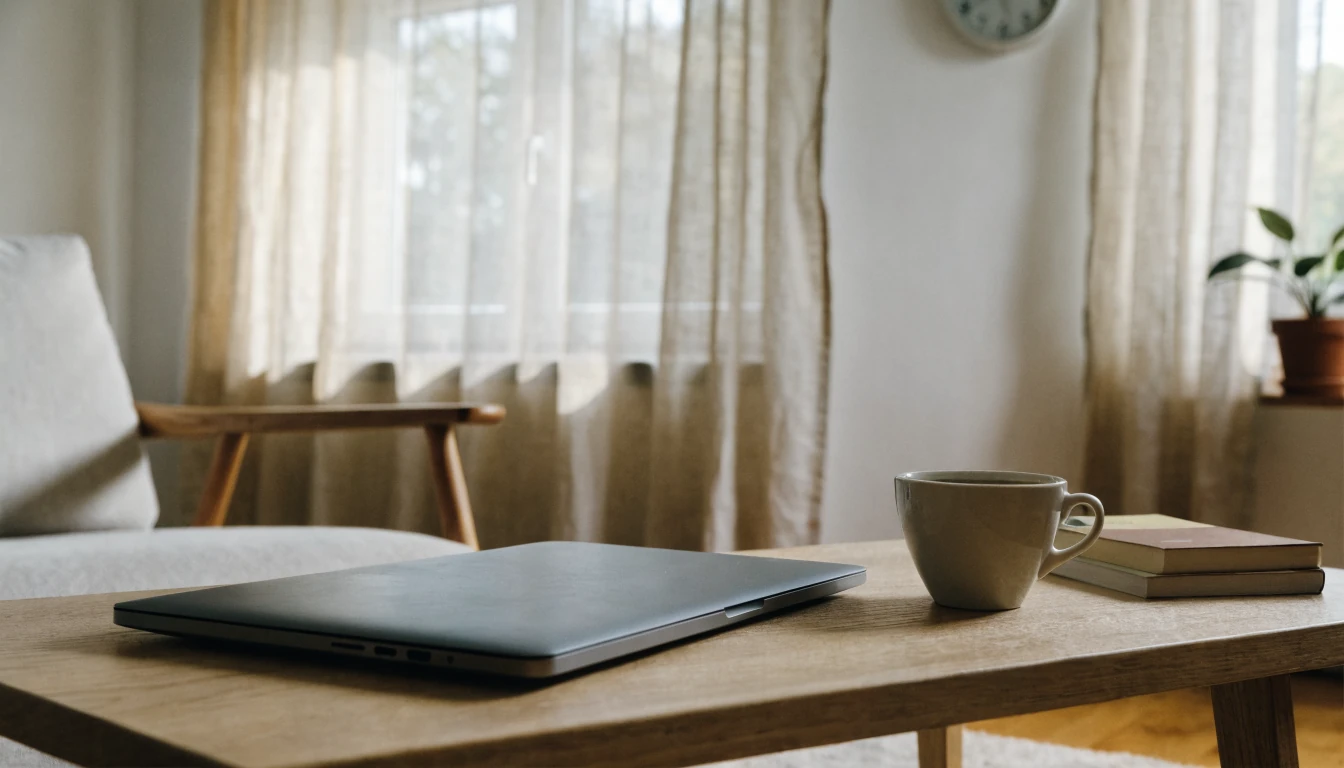Minimalistisches deutsches Wohnzimmer im Abendlicht mit geschlossenem Laptop, Kaffeetasse und Wanduhr.