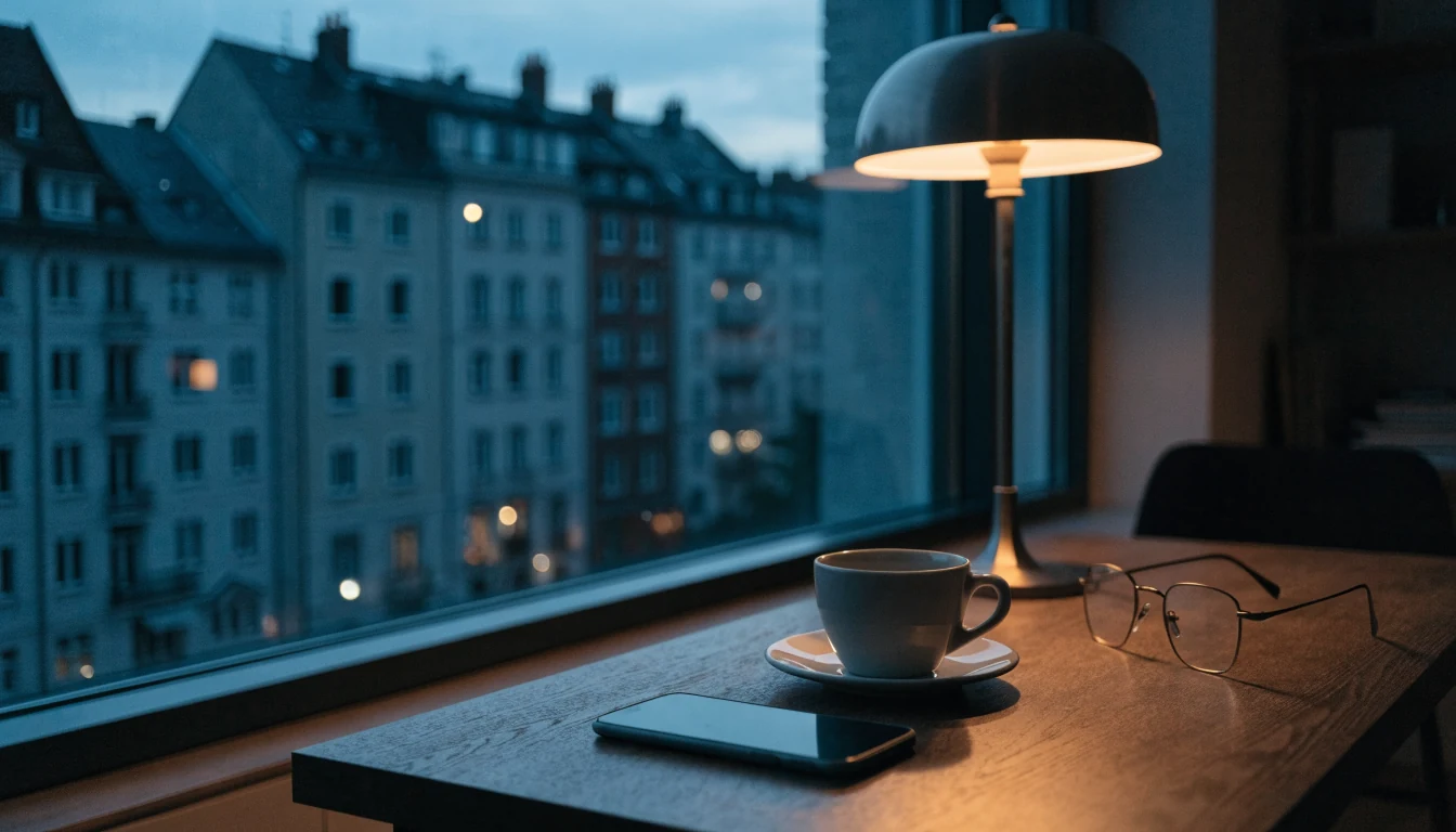 Smartphone mit abgewandtem Bildschirm auf einem Schreibtisch bei Abendlicht in einer deutschen Wohnung
