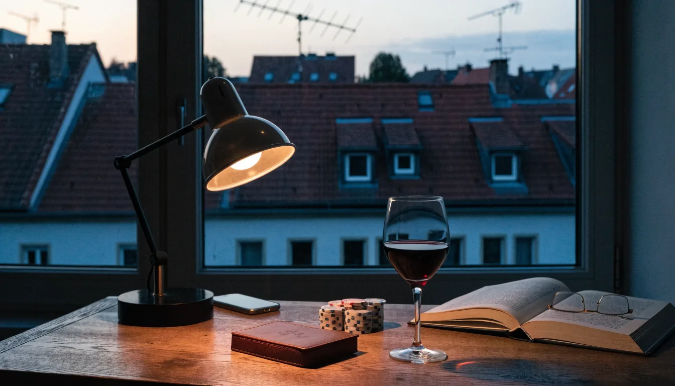 Abendliche Studienszene mit Pokerspiel-Utensilien und Buch